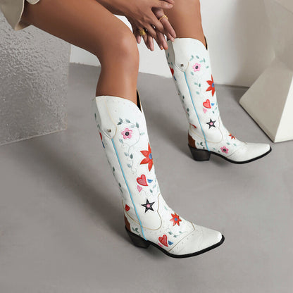 Ladies Ethnic Love Hearts  Printed Low Heels Cowboy Mid Calf Boots