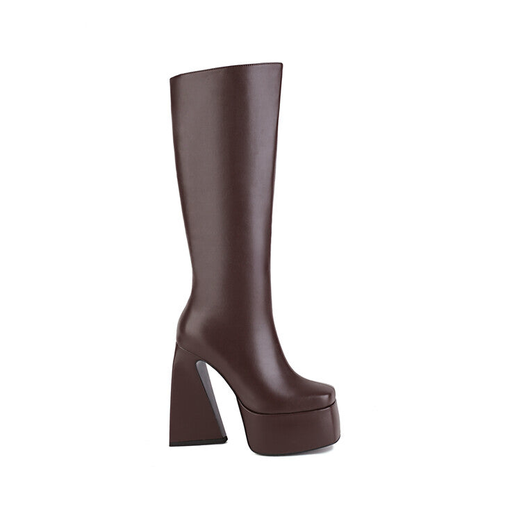 Ladies Pu Leather Side Zippers Triangle Heel Platform Knee High Boots