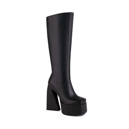 Ladies Pu Leather Side Zippers Triangle Heel Platform Knee High Boots