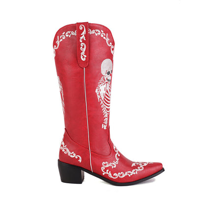 Ladies Ethnic Pointed Toe Patchwork Embroidery Low Heels Knee High Boots