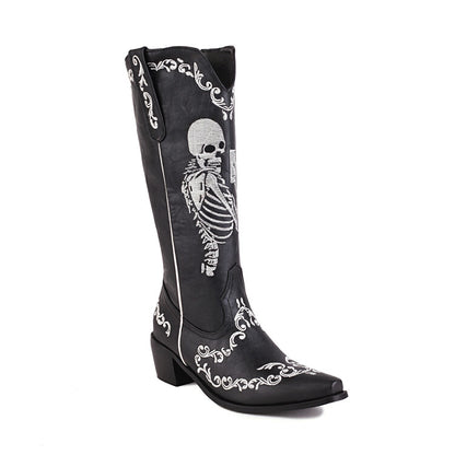 Ladies Ethnic Pointed Toe Patchwork Embroidery Low Heels Knee High Boots