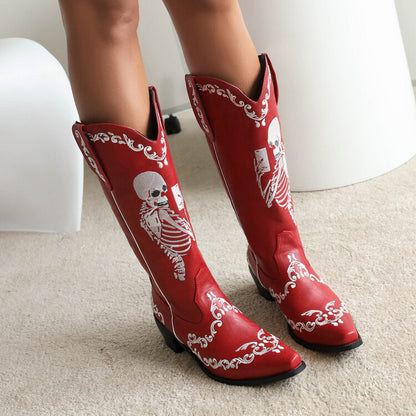 Ladies Ethnic Pointed Toe Patchwork Embroidery Low Heels Knee High Boots