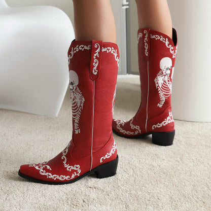 Ladies Ethnic Pointed Toe Patchwork Embroidery Low Heels Knee High Boots