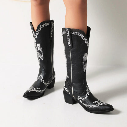 Ladies Ethnic Pointed Toe Patchwork Embroidery Low Heels Knee High Boots