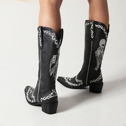 Ladies Ethnic Pointed Toe Patchwork Embroidery Low Heels Knee High Boots