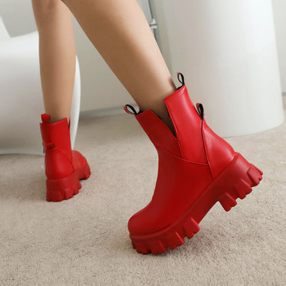 Round Toe Side Zippers Block Chunky Heel Platform Short Boots for Women