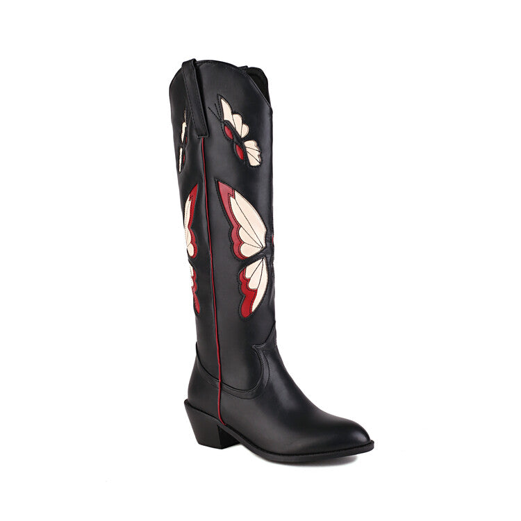 Ladies Ethnic Pointed Toe Butterfly Printed Puppy Heel Cowboy Knee High Boots