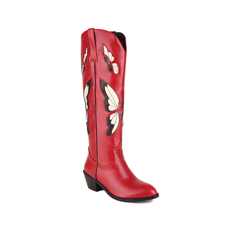 Ladies Ethnic Pointed Toe Butterfly Printed Puppy Heel Cowboy Knee High Boots