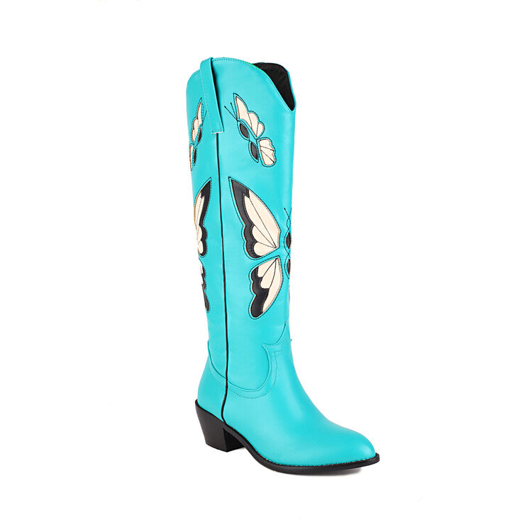 Ladies Ethnic Pointed Toe Butterfly Printed Puppy Heel Cowboy Knee High Boots