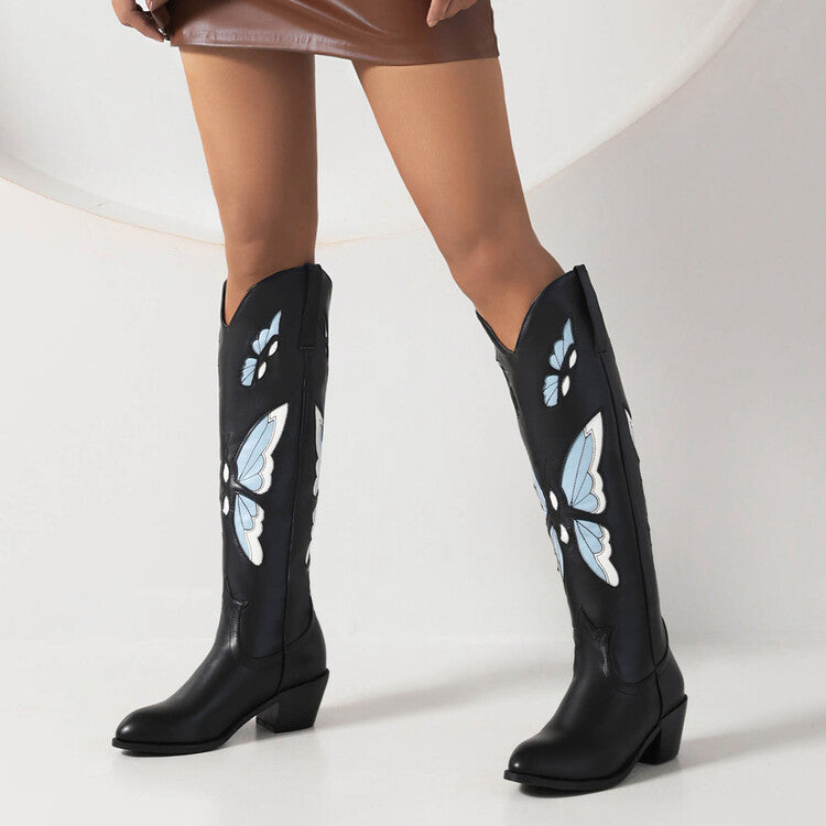 Ladies Ethnic Pointed Toe Butterfly Printed Puppy Heel Cowboy Knee High Boots