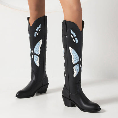 Ladies Ethnic Pointed Toe Butterfly Printed Puppy Heel Cowboy Knee High Boots