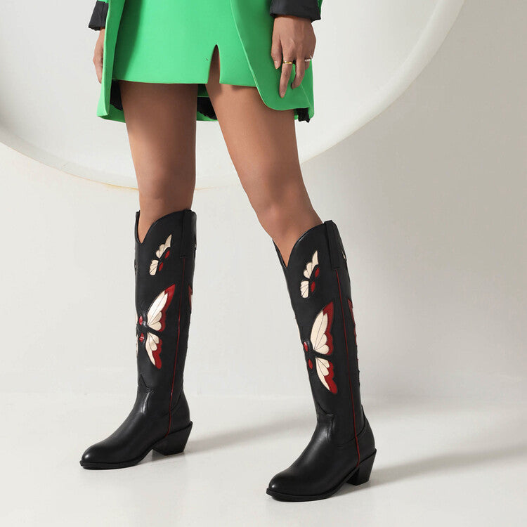 Ladies Ethnic Pointed Toe Butterfly Printed Puppy Heel Cowboy Knee High Boots