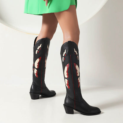 Ladies Ethnic Pointed Toe Butterfly Printed Puppy Heel Cowboy Knee High Boots