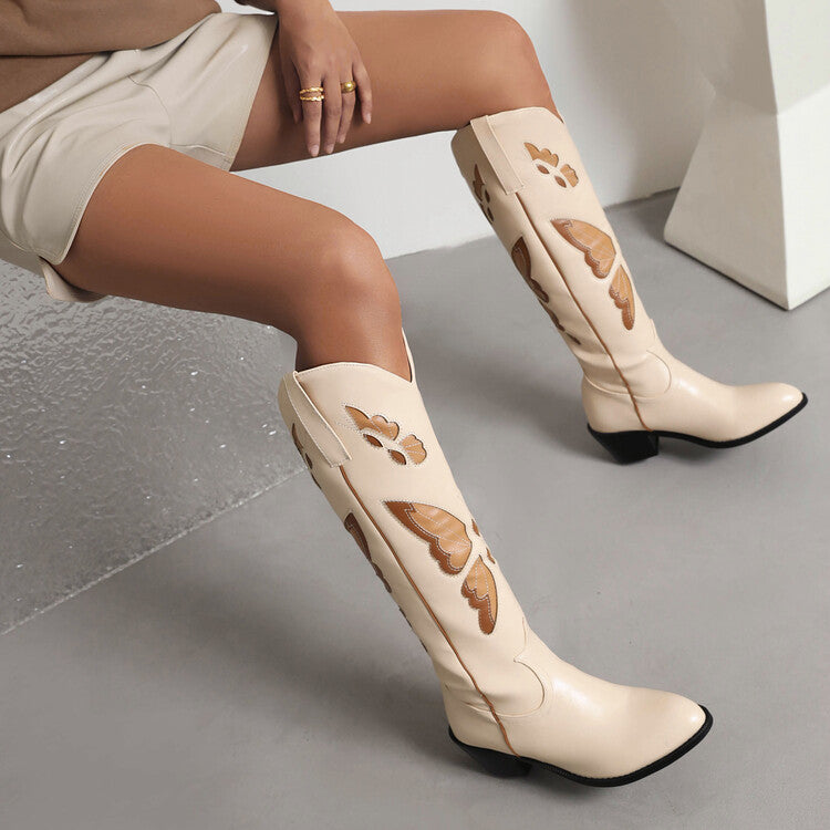 Ladies Ethnic Pointed Toe Butterfly Printed Puppy Heel Cowboy Knee High Boots