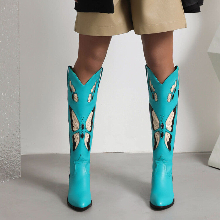 Ladies Ethnic Pointed Toe Butterfly Printed Puppy Heel Cowboy Knee High Boots