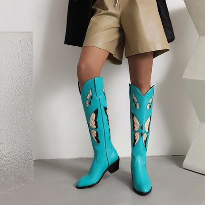 Ladies Ethnic Pointed Toe Butterfly Printed Puppy Heel Cowboy Knee High Boots