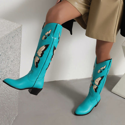 Ladies Ethnic Pointed Toe Butterfly Printed Puppy Heel Cowboy Knee High Boots