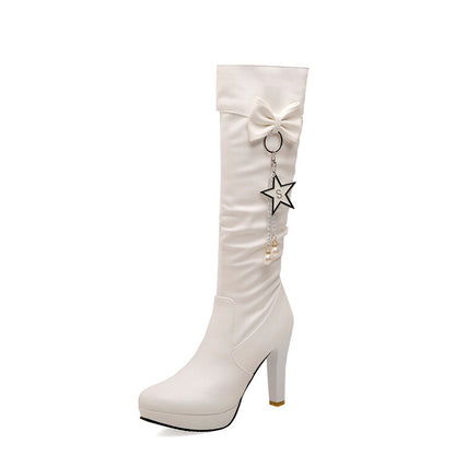 Side Zippers Rhinestone Pearls Bow Tie Block Chunky Heel Platform Knee High Boots for Women