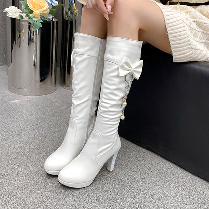 Side Zippers Rhinestone Pearls Bow Tie Block Chunky Heel Platform Knee High Boots for Women