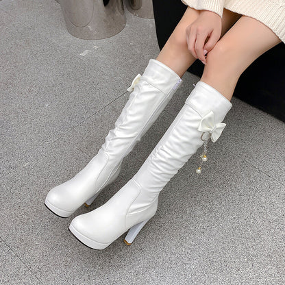 Side Zippers Rhinestone Pearls Bow Tie Block Chunky Heel Platform Knee High Boots for Women