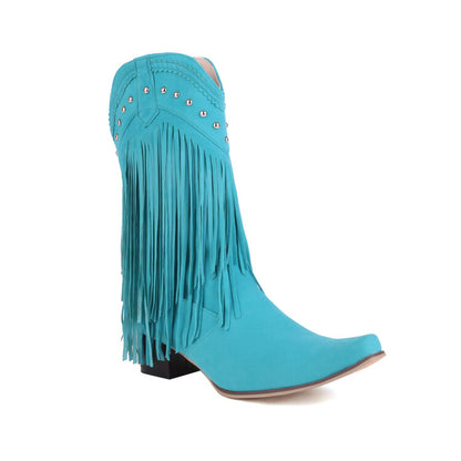 Pointed Toe Rivets Tassel Block Heel Cowboy Mid-Calf Boots for Women