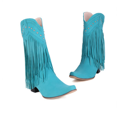 Pointed Toe Rivets Tassel Block Heel Cowboy Mid-Calf Boots for Women