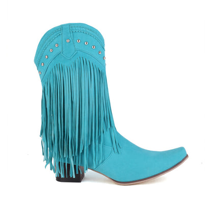 Pointed Toe Rivets Tassel Block Heel Cowboy Mid-Calf Boots for Women