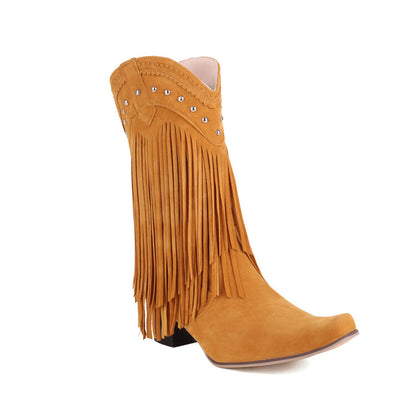 Pointed Toe Rivets Tassel Block Heel Cowboy Mid-Calf Boots for Women