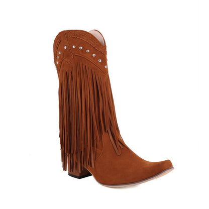 Pointed Toe Rivets Tassel Block Heel Cowboy Mid-Calf Boots for Women