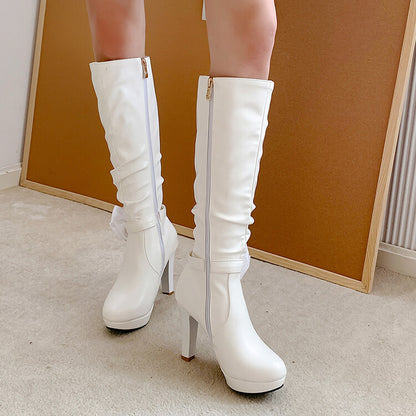 Bow Tie Pearls Side Zippers Block Chunky Heel Platform Knee High Boots for Women