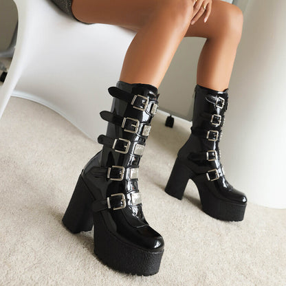 Glossy Metal Buckle Straps Block Chunky Heel Platform Mid-calf Boots for Women