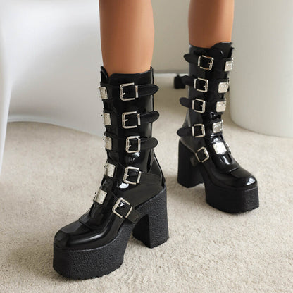 Glossy Metal Buckle Straps Block Chunky Heel Platform Mid-calf Boots for Women