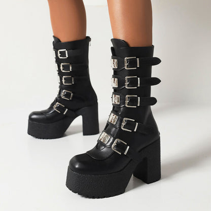 Glossy Metal Buckle Straps Block Chunky Heel Platform Mid-calf Boots for Women