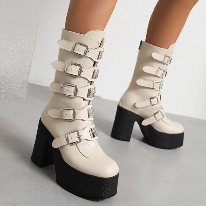 Glossy Metal Buckle Straps Block Chunky Heel Platform Mid-calf Boots for Women