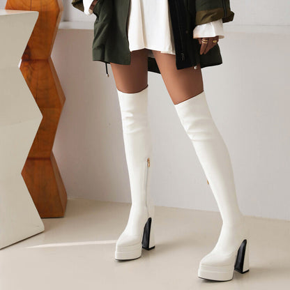 Ladies Side Zippers Spool Heel Platform Over the Knee Boots