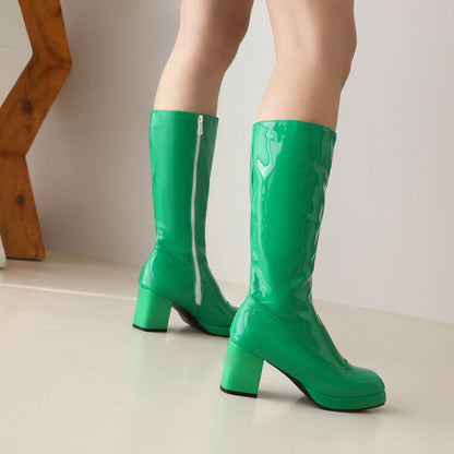 Glossy Square Toe Side Zippers Block Chunky Heel Platform Mid Calf Boots for Women