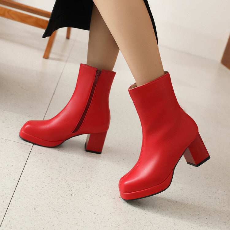 Square Toe Side Zippers Block Chunky Heel Platform Short Boots for Women