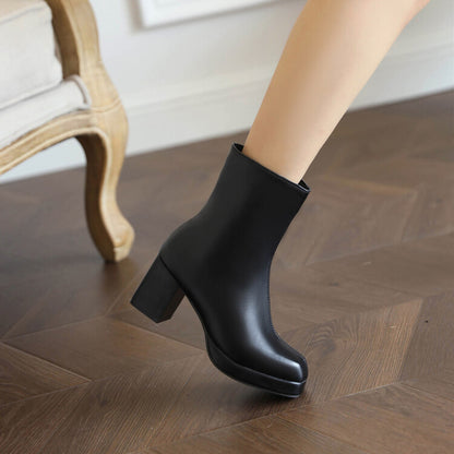 Square Toe Side Zippers Block Chunky Heel Platform Short Boots for Women