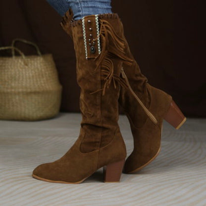 Flock Rivets Tassel Block Heel Side Zippers Mid Calf Boots for Women