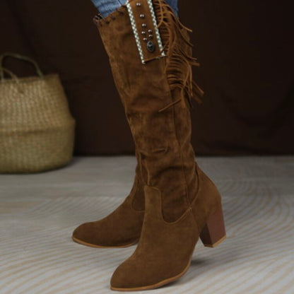 Flock Rivets Tassel Block Heel Side Zippers Mid Calf Boots for Women