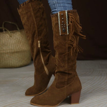 Flock Rivets Tassel Block Heel Side Zippers Mid Calf Boots for Women