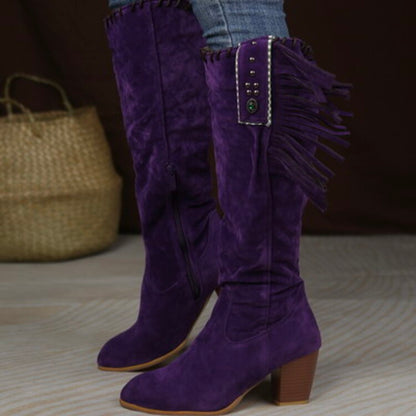 Flock Rivets Tassel Block Heel Side Zippers Mid Calf Boots for Women