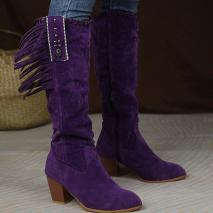 Flock Rivets Tassel Block Heel Side Zippers Mid Calf Boots for Women