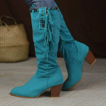 Flock Rivets Tassel Block Heel Side Zippers Mid Calf Boots for Women