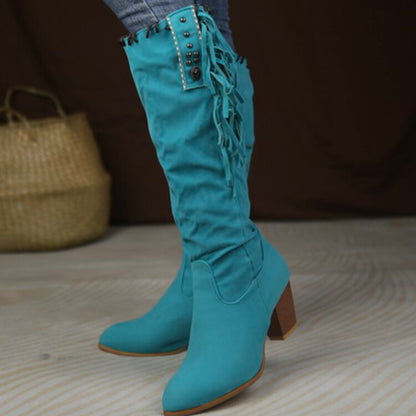 Flock Rivets Tassel Block Heel Side Zippers Mid Calf Boots for Women