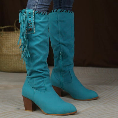 Flock Rivets Tassel Block Heel Side Zippers Mid Calf Boots for Women