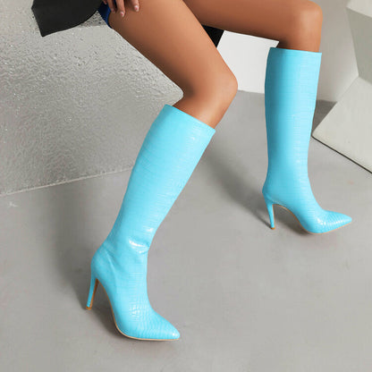 Ladies Glossy Pointed Toe Stiletto Heel Knee High Boots