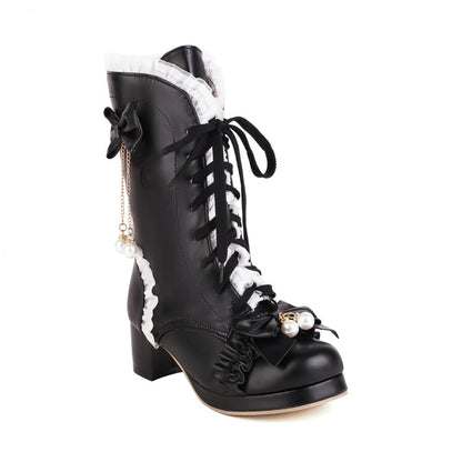 Lace Tied Straps Bow Tie Block Chunky Heel Mid-Calf Boots for Women