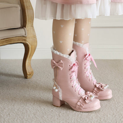 Lace Tied Straps Bow Tie Block Chunky Heel Mid-Calf Boots for Women