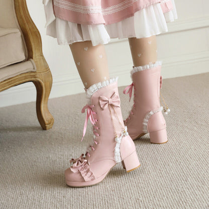 Lace Tied Straps Bow Tie Block Chunky Heel Mid-Calf Boots for Women